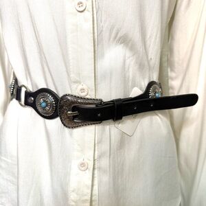 Black PU leather skinny belt with silver concho details